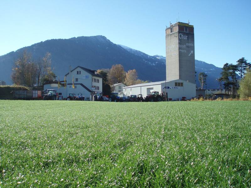 Das Areal an der Rheinmühle in Chur mit Silo-Turm, Halle und einer Reihe Traktoren vor den Bergen, im Vordergrund eine grüne Wiese